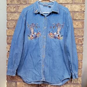 Cool Blues Embroidered Fall Themed Cotton Denim Button Down Shirt Size Large